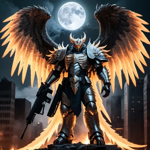 Prompt: draconic seraphim with huge wings in body armor with guns in a burning city at night during a full moon