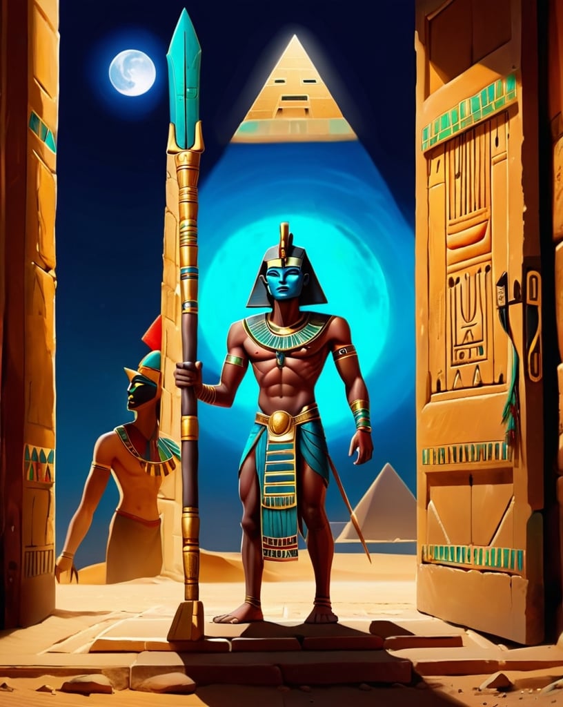 Prompt: Amon ra gate keeper with spear in front of the door of pyramid  around moonlight 