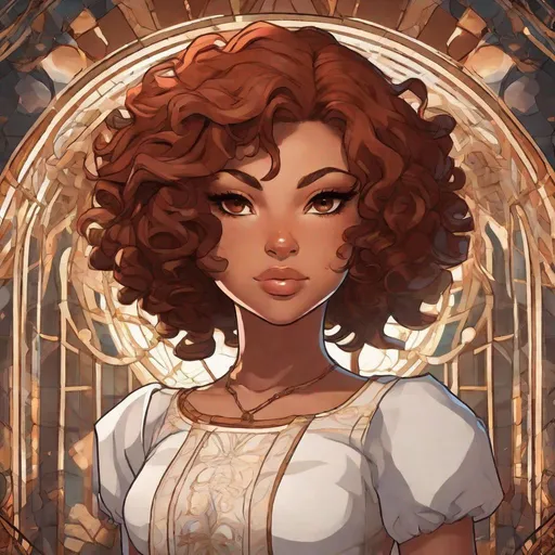 Prompt: A beautiful young 14 year old ((Latina)) evil anime light elemental princess with light brown skin and a symmetrical round cute face with big lips. She has a strong curvy body with a small waist. She has short curly reddish brown hair that curves to the left side of her head and reddish brown eyebrows. She wears a beautiful white short princess dress with gold and she wears a short white skirt. She wears white boots with gold on it. She has big brightly glowing yellow eyes and white pupils. She has long eyelashes. She wears a small golden tiara. She has a yellow aura around her. She is standing in a beautiful field of gold and she is smiling you with her glowing yellow eyes. Beautiful scene art. Full body art. {{{{high quality art}}}} ((light goddess)). Illustration. Concept art. Symmetrical face. Digital. Perfectly drawn. A cool background. Five fingers, yellow glowing eyes, full view of dress