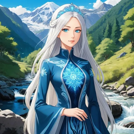 Prompt: A beautiful young 16 year old ((British)) anime Water elemental princess with light skin and a beautiful symmetrical face. She has long smooth white hair that parts down at the top of her head and two long strands coming down the sides of her face and white eyebrows. She has a small nose. She wears a beautiful flowing princess blue dress. She has big brightly glowing dark blue eyes and blue colored pupils. She wears a beautiful blue tiara on the front of her head. She is standing by a creek looking at the mountain side next to her. Beautiful scene art. Beautiful painting art. Scenic view. Full body art. {{{{high quality art}}}} ((Ocean goddess)). Illustration. Concept art. Symmetrical face. Digital. Perfectly drawn. A cool background. Five fingers. full view of dress and body.