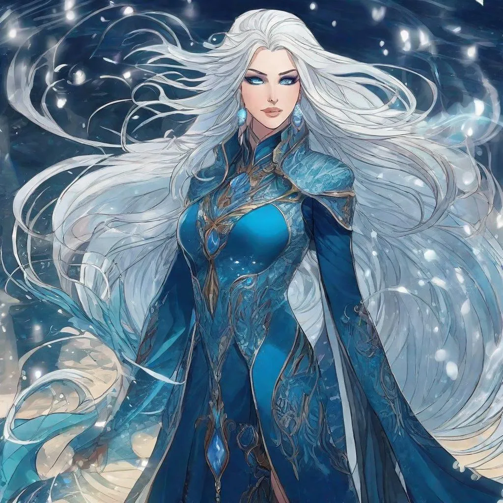 Prompt: A beautiful 58 ft tall 30 year old ((British)) Water elemental Queen with light skin and a beautiful face. She has long elegant white hair with two strands of hair going down to her chest and white eyebrows. She wears a beautiful long dark blue dress and royal robs. She has brightly glowing blue eyes and water droplet shaped pupils. She wears a beautiful blue tiara on her head. She has a blue aura around her. She is in the ocean using blue water magic from her hands. Her hands glow blue. Beautiful scene art. Painting art. Scenic view. Full body art. {{{{high quality art}}}} ((goddess)). Illustration. Concept art. Symmetrical face. Digital. Perfectly drawn. A cool background. Five fingers. Full body view. No portrait. No black background. Front view. Anime. 