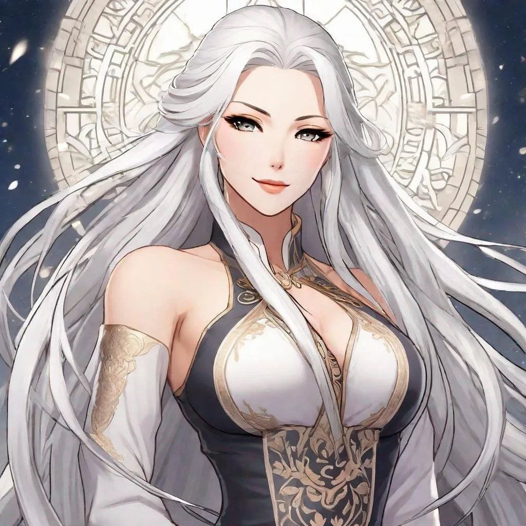 Prompt: A beautiful tall 30 year old anime goddess with a beautiful, elegant, strong symmetrical face with light skin. She has a strong curvy body. She has long straight soft white hair and that parts down at the top of her head and reaches all the way to her waist. She also has two strands of hair coming down the left and right side of her face and reaches to her chest.  She wears a sharp dark blue dress. She wears blue eyeshadow under her eyes. She wears a beautiful blue tiara. 