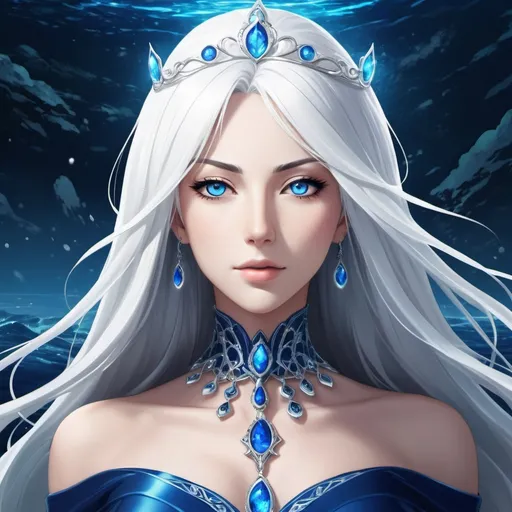 Prompt: A beautiful 58 ft tall 30 year old anime ((British)) Water elemental Queen giantess with light skin and a beautiful soft elegant symmetrical face. She has long straight elegant white hair with two long strands of hair going down both the left and right side in front of her face reaching her chest and she has white eyebrows. She wears a beautiful long dark blue dress with royal robs. She has brightly glowing blue eyes and water droplet shaped pupils. She wears a beautiful blue tiara. She has a blue aura behind her. She is wielding water magic. Painting art. Scenic view. Portrait art. {{{{high quality art}}}} ((goddess)). Illustration. Concept art. Symmetrical face. Digital. Perfectly drawn. A cool background. Five fingers. Full body view. No portrait. No black background. Front view. Full view of dress. anime art style, white hair