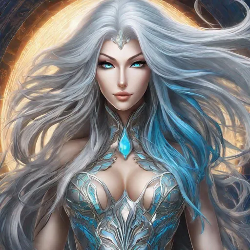 Prompt: A beautiful 58 ft tall 30 year old ((British)) anime Water Elemental Queen giantess with light skin and a beautiful, elegant, strong symmetrical face. She has a strong curvy body. She has long straight elegant white hair with two long strands of hair going down to her chest and white eyebrows. She wears a beautiful long flowing radiant blue goddess dress. She has brightly glowing blue eyes and water droplet shaped pupils. She wears blue eyeshadow. She wears a beautiful blue tiara. She has a blue aura glowing from her body. She is standing in the sand with a beautiful ocean behind her and she looking at you with her glowing blue eyes. Full body art. Scenic view. {{{{high quality art}}}} ((ocean goddess)). Illustration. Concept art. Perfectly drawn. Five fingers. Full view of body and dress