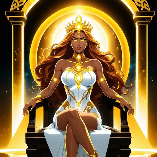 Prompt: A beautiful 59 ft tall 28 year old ((Latina)) anime light elemental queen with light brown skin and a beautiful strong face. She has a strong body. She has long curly golden yellow hair that parts at the top of her head and yellow eyebrows. She wears a beautiful white goddess dress with gold markings on it. She has brightly glowing yellow eyes with white pupils. She has a yellow aura around her. She wears a beautiful golden tiara. She is sitting on a golden throne. Full body art. {{{{high quality art}}}} ((Light goddess)). Illustration. Concept art. Symmetrical face. Digital. Perfectly drawn. A cool background. Five fingers. Anime, two arms and hands, full view of dress and body