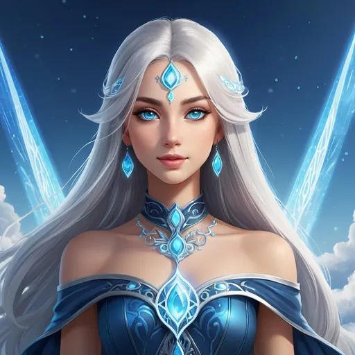 Prompt: A beautiful young 15 year old ((British)) Water elemental princess with light skin and a beautiful and cute face. She has long white hair with two strands coming down the sides of her face and white eyebrows. She has a small nose. She wears a beautiful blue dress. She has big brightly glowing dark blue eyes and water droplets shaped pupils. She wears a beautiful blue tiara. She has a blue aura around her. She is standing. Scenic view. Full body art. {{{{high quality art}}}} ((goddess)). Illustration. Concept art. Symmetrical face. Digital. Perfectly drawn. A cool background. Five fingers