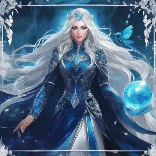 Prompt: A beautiful 58 ft tall 30 year old ((British)) Water elemental Queen with light skin and a beautiful face. She has long white hair with white eyebrows. She wears a beautiful dark blue dress and royal robs. She has brightly glowing blue eyes and water droplet shaped pupils. She wears a beautiful blue tiara on her head. She has a blue aura around her. She is standing by the beach. Beautiful scene art. Scenic view. Full body art. {{{{high quality art}}}} ((goddess)). Illustration. Concept art. Symmetrical face. Digital. Perfectly drawn. A cool background. Five fingers. Full body view. No portrait. No black background. Front view. Anime