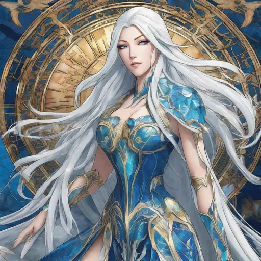 Prompt: A beautiful 58 ft tall 30 year old ((British)) anime Water Elemental Queen with light skin and a beautiful, elegant, strong symmetrical face. She has long straight elegant white hair with two long strands of hair going down to her chest and white eyebrows. She wears a beautiful long all blue slim goddess dress made of water with long thin blue royal robs. She has brightly glowing blue eyes and water droplet shaped pupils. She wears blue eyeshadow. She wears a beautiful blue tiara. She has a blue aura glowing from her body. She is standing in beautiful blue ocean looking at you with her glowing blue eyes. Blue water encircles around her. Full body art. Scenic view. {{{{high quality art}}}} ((ocean goddess)). Illustration. Concept art. Perfectly drawn. Five fingers.