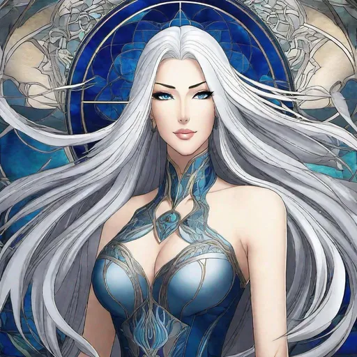 Prompt: A beautiful 58 ft tall 30 year old ((British)) anime water goddess with light skin and a beautiful, elegant, strong symmetrical face. She has a slim beautiful curvy body. She has long straight elegant white hair with two long strands of hair going down to her chest and white eyebrows. She wears a beautiful long flowing dark blue goddess dress. She has bright blue eyes and water droplet shaped pupils. She wears dark blue eyeshadow. She wears a beautiful blue tiara.around her. Full body art. Scenic view. {{{{high quality art}}}}. Illustration. Concept art. Perfectly drawn. Five fingers. Full view of body and dress