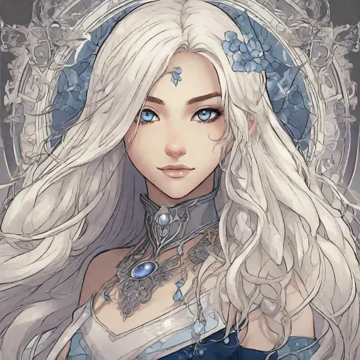 Prompt: A beautiful young 15 year old ((British)) Water elemental princess with light skin and a beautiful and cute face. She has long white hair with two strands coming down the sides of her face and white eyebrows. She has a small nose. She wears a beautiful blue dress. She has big brightly glowing dark blue eyes and water droplets shaped pupils. She wears a beautiful blue tiara. She has a blue aura around her. She is standing. Scenic view. Full body art. {{{{high quality art}}}} ((goddess)). Illustration. Concept art. Symmetrical face. Digital. Perfectly drawn. A cool background. Five fingers