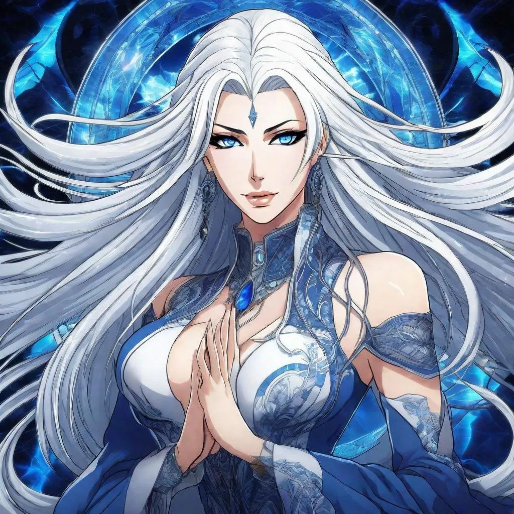 Prompt: A beautiful 58 ft tall 30 year old ((British)) anime Divine Queen with light skin and a beautiful, elegant, strong symmetrical face. She has long straight elegant white hair with two long strands of hair going down to her chest and white eyebrows. She wears a beautiful long a dark blue goddess dress made of water with long thin blue royal robs. She has bright blue eyes and blue pupils. She wears blue eyeshadow. She wears a beautiful blue tiara. Five fingers.