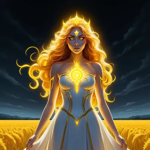 Prompt: A beautiful 59 ft tall 28 year old evil ((Latina)) anime light elemental queen with light brown skin and a beautiful strong face. She has a strong body. She has long curly golden yellow hair and golden yellow eyebrows. She wears a beautiful white dress with gold made of light. She has brightly glowing yellow eyes and white pupils. She wears a golden tiara. She has a yellow aura behind her. She is standing in a open field of gold looking at you with her glowing yellow eyes. She is wielding bright yellow light magic from her hands. She has yellow light glowing around her. Full body art. Scenic view. {{{{high quality art}}}} ((goddess)). Illustration. Concept art. Symmetrical face. Digital. Perfectly drawn. A beautiful background.