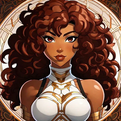 Prompt: A beautiful young 14 year old ((Latina)) evil anime light elemental princess with light brown skin and a symmetrical round cute face with big lips. She has a strong curvy body with a small waist. She has short curly reddish brown hair and reddish brown eyebrows. She wears a beautiful white goddess dress with gold and she wears a short white skirt. She wears white boots with gold on it. She has big brightly glowing yellow eyes and white pupils. She has long eyelashes. She wears a small golden tiara. She has a yellow aura around her. She is standing in a beautiful field of gold and she is smiling you with her glowing yellow eyes. Beautiful scene art. Full body art. {{{{high quality art}}}} ((light goddess)). Illustration. Concept art. Symmetrical face. Digital. Perfectly drawn. A cool background. Five fingers, yellow glowing eyes, full view of outfit 