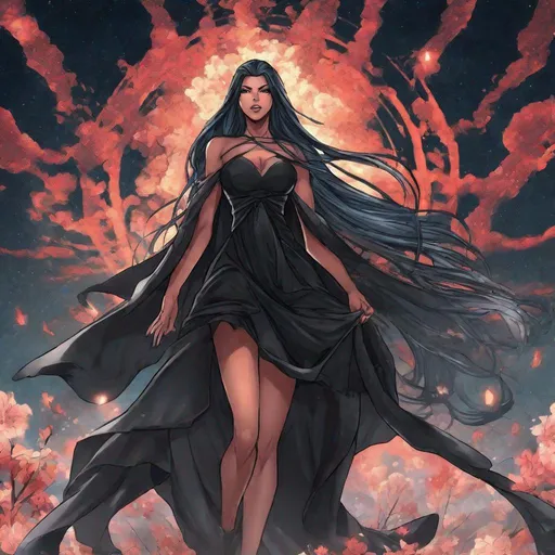 Prompt: A beautiful 59 ft tall 28 year old ((Latina))  anime darkness elemental queen giantess with dark brown skin and a beautiful strong face. She has a strong body. She has long straight black hair that covers the entire left side of her face and she has black eyebrows. She wears a beautiful long flowing goddess black dress that has a silvery glitter it. She has brightly glowing white eyes with white pupils. She has black lips. She wears a sliver tiara. She has a black aura behind her. She is at you with her glowing white eyes. She has black smoke circling around her. Portrait art. Beautiful art. Close up view. {{{{high quality art}}}} ((Darkness goddess)). Illustration. Concept art. Symmetrical face. Digital. Perfectly drawn. A beautiful background. Perfect hands. Only dark brown skin, hair covering left side of face