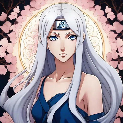 Prompt: Sakura from Naruto with light skin and a beautiful symmetrical face. She has long smooth straight white hair that parts down at the top of her head and two long strands coming down the sides of her face and white eyebrows. She has a small nose. She wears a beautiful flowing goddess dark blue dress. She has big bright dark blue eyes and blue pupils. Full body art. Five fingers