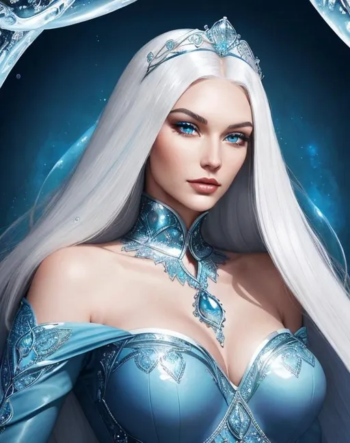 Prompt: A beautiful 58 ft tall 30 year old ((British)) Water elemental Queen with light skin and a beautiful face. She has long white hair and white eyebrows. She wears a beautiful slim dark blue dress. She has brightly glowing blue eyes and water droplet shaped pupils. She wears a blue tiara on her head. She has a blue aura around her. She is looking at you. Her bright glowing blue eyes peer down at you. She is smiling. Beautiful scene art. Scenic view. Portrait art. {{{{high quality art}}}} ((goddess)). Illustration. Concept art. Symmetrical face. Digital. Perfectly drawn. A cool background. Five fingers. Full body view. No portrait. No black background. Front view