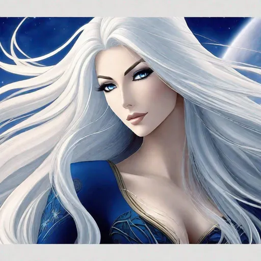 Prompt: A beautiful 58 ft tall 30 year old ((British)) anime water goddess with light skin and a beautiful, elegant, strong symmetrical face. She has a slim beautiful curvy body. She has long straight elegant white hair with two long strands of hair going down to her chest and white eyebrows. She wears a beautiful long flowing dark blue goddess dress. She has bright blue eyes and water droplet shaped pupils. She wears blue eyeshadow. She wears a beautiful blue tiara. She is standing in the sand with a beautiful ocean behind her and she looking at you with her glowing blue eyes. Blue water encircles around her. Full body art. Scenic view. {{{{high quality art}}}}. Illustration. Concept art. Perfectly drawn. Five fingers. Full view of body and dress