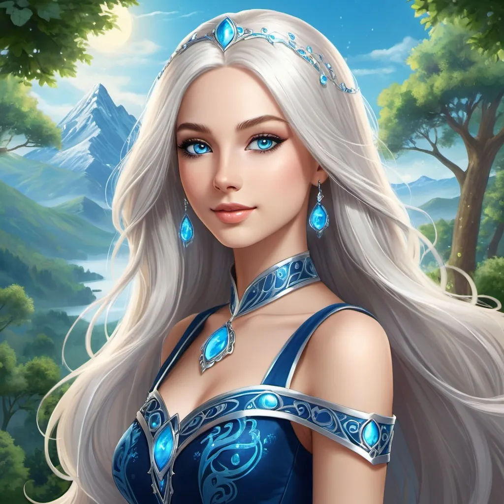 Prompt: A beautiful young 15 year old ((British)) Water elemental princess with light skin and a beautiful and cute face. She has long white hair with two strands coming down the sides of her face and white eyebrows. She has a small nose. She wears a beautiful blue dress. She has big brightly glowing dark blue eyes and water droplets shaped pupils. She wears a beautiful blue tiara. She has a blue aura around her. She is standing. Scenic view. Full body art. {{{{high quality art}}}} ((goddess)). Illustration. Concept art. Symmetrical face. Digital. Perfectly drawn. A cool background. Five fingers