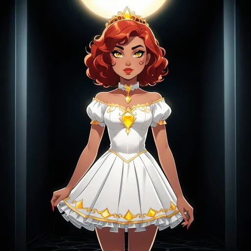 Prompt: A beautiful young 14 year old ((Latina)) evil anime light goddess with light brown skin and a symmetrical round cute face with big lips. She has long eyelashes. She has a strong curvy body with a small waist. She has short curly reddish brown hair that curves to the left side of her head and reddish brown eyebrows. She wears a beautiful white short princess dress with gold and she wears a short white skirt. She wears white princess boots on it. She has big brightly glowing yellow eyes and white pupils. She has long eyelashes. She wears a small golden tiara. She has a yellow aura around her. She is standing in a dark room. Full body art. {{{{high quality art}}}} Illustration. Concept art. Symmetrical face. Digital. Perfectly drawn. A cool background. Five fingers, yellow glowing eyes, full view of dress, character design, multiple angles, different views of head and body. 2D animation art style. Full body image of dress and shoes 