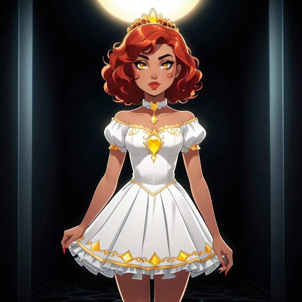 Prompt: A beautiful young 14 year old ((Latina)) evil anime light goddess with light brown skin and a symmetrical round cute face with big lips. She has long eyelashes. She has a strong curvy body with a small waist. She has short curly reddish brown hair that curves to the left side of her head and reddish brown eyebrows. She wears a beautiful white short princess dress with gold and she wears a short white skirt. She wears white princess boots on it. She has big brightly glowing yellow eyes and white pupils. She has long eyelashes. She wears a small golden tiara. She has a yellow aura around her. She is standing in a dark room. Full body art. {{{{high quality art}}}} Illustration. Concept art. Symmetrical face. Digital. Perfectly drawn. A cool background. Five fingers, yellow glowing eyes, full view of dress, character design, multiple angles, different views of head and body. 2D animation art style. Full body image of dress and shoes 