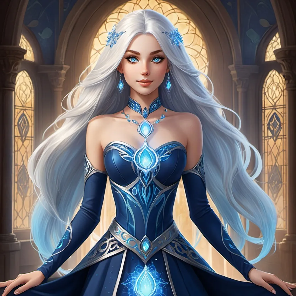 Prompt: A beautiful young 15 year old ((British)) Water elemental princess with light skin and a beautiful and cute face. She has long white hair with two strands coming down the sides of her face and white eyebrows. She has a small nose. She wears a beautiful blue dress. She has big brightly glowing dark blue eyes and water droplets shaped pupils. She wears a beautiful blue tiara. She has a blue aura around her. She is standing. Scenic view. Full body art. {{{{high quality art}}}} ((goddess)). Illustration. Concept art. Symmetrical face. Digital. Perfectly drawn. A cool background. Five fingers