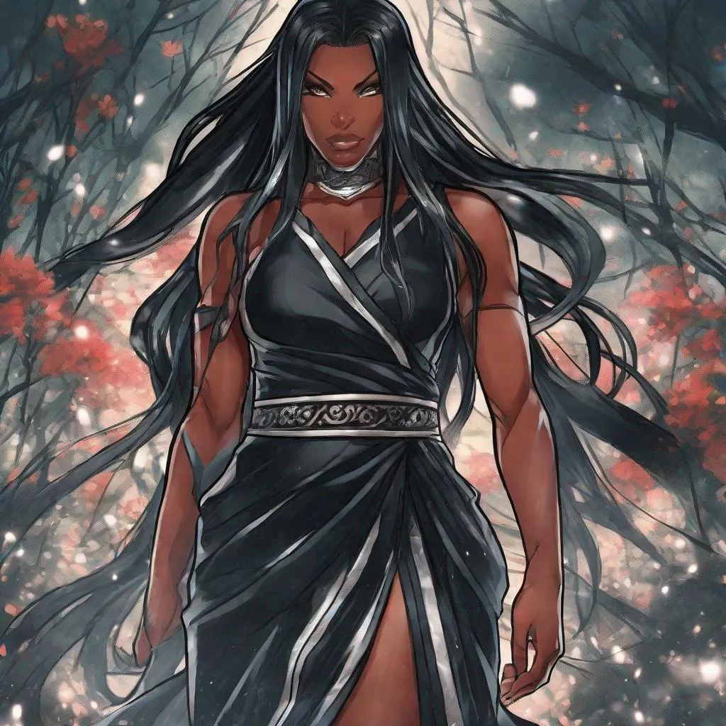 Prompt: A beautiful 59 ft tall 28 year old ((Latina)) anime darkness elemental queen giantess with dark brown skin and a beautiful strong face. She has a strong body. She has long straight black hair that covers her left eye and she has black eyebrows. She wears a beautiful long goddess black dress with sliver markings on it. She has brightly glowing white eyes and white pupils. She wears a sliver tiara. She has a black aura behind her. She is standing in a open field looking at you with her glowing white eyes. She has white light glowing around her. Full body art. Scenic view. {{{{high quality art}}}} ((Darkness goddess)). Illustration. Concept art. Symmetrical face. Digital. Perfectly drawn. A beautiful background.
