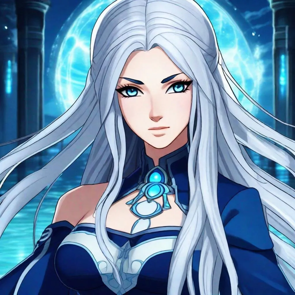 Prompt: A beautiful 17 year old ((British)) anime Water elemental princess with light skin and a beautiful symmetrical face. She has long smooth straight white hair that parts down at the top of her head and two long strands coming down the sides of her face and white eyebrows. She has a small nose. She wears a beautiful flowing goddess dark blue dress. She has big bright dark blue eyes and blue pupils. Full body art. Five fingers