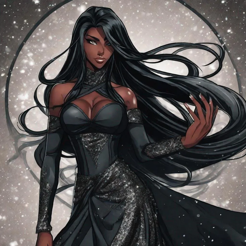 Prompt: A beautiful 59 ft tall 28 year old ((Latina))  anime darkness elemental queen with dark brown skin and a beautiful strong face. She has a strong body. She has long straight black hair that covers the entire left side of her face at the top and she has black eyebrows. She wears a beautiful long black dress that has a silvery glitter to it. She has brightly glowing white eyes with white pupils. She has black lips. She wears a sliver tiara. She has a black aura behind her. She is at you with her glowing white eyes. She is floating in space looking at you. Full body art. Beautiful art. 
{{{{high quality art}}}} ((Darkness goddess)). Illustration. Concept art. Symmetrical face. Digital. Perfectly drawn. A beautiful background. Perfect hands. Only dark brown skin, hair covering left side of face, two arms and hands