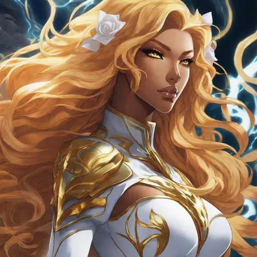 Prompt: A beautiful 59 ft tall 28 year old ((Latina)) anime light elemental queen with light brown skin and a beautiful strong face. She has a strong body. She has long curly golden yellow hair and golden yellow eyebrows. She wears a beautiful white dress with gold. She wears white boots with gold on it. She has brightly glowing yellow eyes and white pupils. She wears a golden tiara. She has a yellow aura behind her. She is standing in an open grass field looking to the sun. Full body art. Scenic view. {{{{high quality art}}}} ((goddess)). Illustration. Concept art. Symmetrical face. Digital. Perfectly drawn. A beautiful background. Full view of body and dress. Five fingers, 
