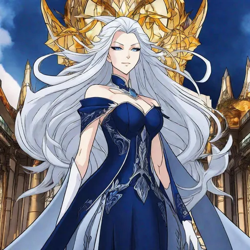 Prompt: A beautiful powerful 58 ft tall 30 year old ((British)) anime Water elemental Queen with light skin and a beautiful elegant face. She wears dark blue eyeshadow. She has long elegant white hair with two strands of hair going down to her chest and white eyebrows. She wears a beautiful slim royal long dark blue dress and blue royal robs. She has brightly glowing blue eyes and water droplet shaped pupils. She wears a beautiful blue crown on her head. She has a blue aura around her. She is in the ocean using blue water magic from her hands. Her hands glow blue. Beautiful scene art. Painting art. Scenic view. Full body art. {{{{high quality art}}}} ((goddess)). Illustration. Concept art. Symmetrical face. Digital. Perfectly drawn. A cool background. Five fingers. Full body view. No portrait. No black background. Front view. Full view of dress