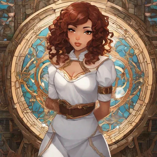 Prompt: A beautiful young 14 year old ((Latina)) evil anime light elemental princess with light brown skin and a symmetrical round cute face with big lips. She has a strong curvy body with a small waist. She has short curly reddish brown hair that curves to the left side of her head and reddish brown eyebrows. She wears a beautiful white short princess dress with gold and she wears a short white skirt. She wears white boots with gold on it. She has big brightly glowing yellow eyes and white pupils. She has long eyelashes. She wears a small golden tiara. She has a yellow aura around her. She is standing in a beautiful field of gold and she is smiling you with her glowing yellow eyes. Beautiful scene art. Full body art. {{{{high quality art}}}} ((light goddess)). Illustration. Concept art. Symmetrical face. Digital. Perfectly drawn. A cool background. Five fingers, yellow glowing eyes, full view of dress