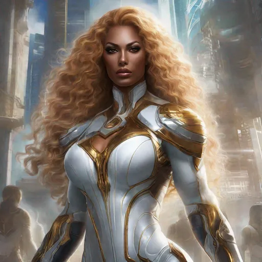 Prompt: A beautiful 59 ft tall 28 year old evil ((Latina)) light elemental queen giantess with light brown skin and a beautiful face. She has a strong body. She has curly yellow hair that parts at the top of her head and yellow eyebrows. She wears a beautiful white dress with gold. She wears white boots with gold aswell. She has brightly glowing yellow eyes and white pupils. She wears a beautiful gold tiara. She has a yellow aura around her. Her eyes glow brightly. She is standing in a beautiful open field. She is wielding yellow light in her hands. Her hands glow yellow Beautiful painting scene. Beautiful scene art. Scenic view. Full body art. {{{{high quality art}}}} ((goddess)). Illustration. Concept art. Symmetrical face. Digital. Perfectly drawn. A cool background. Front view. Anime