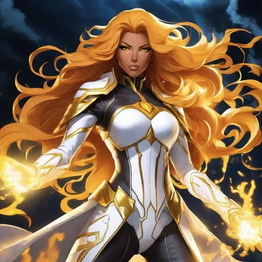 Prompt: A beautiful 59 ft tall 28 year old ((Latina)) anime light elemental queen with light brown skin and a beautiful strong face. She has a strong body. She has long curly golden yellow hair and golden yellow eyebrows. She wears a beautiful white dress with gold markings on it. She wears white boots with gold markings on it. She has brightly glowing yellow eyes and white pupils. She wears a golden tiara. She has a yellow aura behind her. She is standing in a throne room looking at you with her glowing yellow eyes. Full body art. Scenic view. {{{{high quality art}}}} ((light goddess)). Illustration. Concept art. Symmetrical face. Digital. Perfectly drawn. A beautiful background. Full view of body and dress. Five fingers, tv animated cartoon style