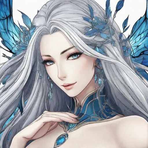 Prompt: A beautiful 58 ft tall 30 year old ((British)) anime Water Elemental Queen with light skin and a beautiful, elegant, strong symmetrical face. She has a slim beautiful curvy body. She has long straight elegant white hair with two long strands of hair going down to her chest and white eyebrows. She wears a beautiful long all blue slim goddess dress that flows like water with long thin blue flowing royal robs. She has brightly glowing blue eyes and water droplet shaped pupils. She wears blue eyeshadow. She wears a beautiful blue tiara. She has a blue aura glowing from her body. She is standing in the sand with a beautiful ocean behind her and she looking at you with her glowing blue eyes. Blue water encircles around her. Full body art. Scenic view. {{{{high quality art}}}} ((ocean goddess)). Illustration. Concept art. Perfectly drawn. Five fingers.