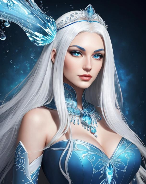 Prompt: A beautiful 58 ft tall 30 year old ((British)) Water elemental Queen with light skin and a beautiful face. She has long white hair and white eyebrows. She wears a beautiful slim dark blue dress. She has brightly glowing blue eyes and water droplet shaped pupils. She wears a blue tiara on her head. She has a blue aura around her. She is looking at you. Her bright glowing blue eyes peer down at you. She is smiling. Beautiful scene art. Scenic view. Portrait art. {{{{high quality art}}}} ((goddess)). Illustration. Concept art. Symmetrical face. Digital. Perfectly drawn. A cool background. Five fingers. Full body view. No portrait. No black background. Front view