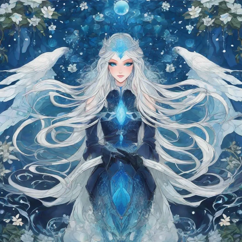 Prompt: A beautiful 58 ft tall 30 year old ((British)) Water elemental Queen with light skin and a beautiful face. She has long white hair with white eyebrows. She wears a beautiful dark blue dress and royal robs. She has brightly glowing blue eyes and water droplet shaped pupils. She wears a beautiful blue tiara on her head. She has a blue aura around her. She is standing by the beach. Beautiful scene art. Scenic view. Full body art. {{{{high quality art}}}} ((goddess)). Illustration. Concept art. Symmetrical face. Digital. Perfectly drawn. A cool background. Five fingers. Full body view. No portrait. No black background. Front view. Anime