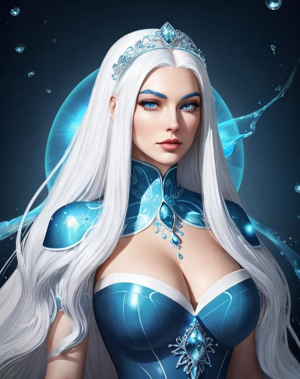 Prompt: A beautiful 58 ft tall 30 year old ((British)) Water elemental Queen with light skin and a beautiful face. She has long white hair and white eyebrows. She wears a beautiful slim dark blue dress. She has brightly glowing blue eyes and water droplet shaped pupils. She wears a blue tiara on her head. She has a blue aura around her. She is looking at you. Her bright glowing blue eyes peer down at you. She is smiling. Beautiful scene art. Scenic view. Portrait art. {{{{high quality art}}}} ((goddess)). Illustration. Concept art. Symmetrical face. Digital. Perfectly drawn. A cool background. Five fingers. Full body view. No portrait. No black background. Front view