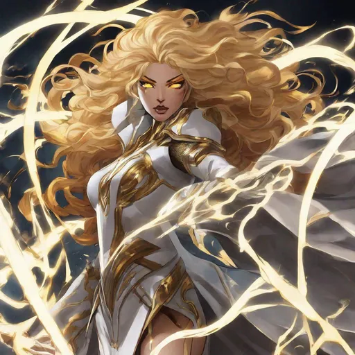 Prompt: A beautiful 59 ft tall 28 year old evil anime ((Latina)) light elemental queen with light brown skin and a beautiful strong face. She has a strong body. She has long curly golden yellow hair and golden yellow eyebrows. She wears a beautiful white dress with gold made of light. She has brightly glowing yellow eyes and white pupils. She wears a golden tiara. She has a yellow aura behind her. She is standing in a open field of gold looking at you with her glowing yellow eyes. She has yellow light glowing around her. Full body art. Scenic view. {{{{high quality art}}}} ((goddess)). Illustration. Concept art. Symmetrical face. Digital. Perfectly drawn. A beautiful background.