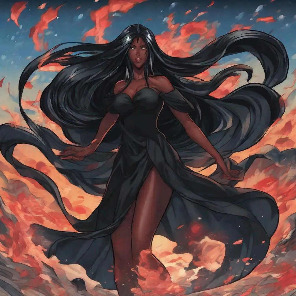 Prompt: A beautiful 59 ft tall 28 year old ((Latina))  anime darkness elemental queen giantess with dark brown skin and a beautiful strong face. She has a strong body. She has long straight black hair that covers the entire left side of her face and she has black eyebrows. She wears a beautiful long flowing goddess black dress that has a silvery glitter it. She has brightly glowing white eyes with white pupils. She has black lips. She wears a sliver tiara. She has a black aura behind her. She is standing in a open field with the moon glowing behind her looking at you with her glowing white eyes. She has black smoke circling around her. Full body art. Scenic view. {{{{high quality art}}}} ((Darkness goddess)). Illustration. Concept art. Symmetrical face. Digital. Perfectly drawn. A beautiful background. Perfect hands. Only dark brown skin, hair covering left eye