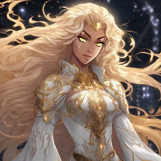 Prompt: A beautiful 17 year old evil ((Latina)) anime light elemental princess with light brown skin and a beautiful strong face. She has curly golden yellow hair that parts at the top of her head and yellow eyebrows. She wears a beautiful white dress with gold markings on it. She has brightly glowing yellow eyes and white pupils. She has a yellow aura around her. She wears a beautiful golden tiara. She is standing in a beautiful field of gold. Beautiful scene art. Scenic view. Full body art. {{{{high quality art}}}} ((Light goddess)). Illustration. Concept art. Symmetrical face. Digital. Perfectly drawn. A cool background. Five fingers. Anime