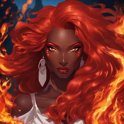 Prompt: A beautiful 59 ft tall 27 year old ((African)) anime evil fire Elemental Queen giantess with brown skin and a beautiful strong symmetrical face. She has a strong body. She has long curvy flaming red hair with flaming red eyebrows. She wears a beautiful long flaming red goddess dress. She has brightly glowing red eyes with fire shaped pupils. She wears a beautiful red tiara. She has a flaming red aura glowing from her body. She is standing looking at you with her glowing red eyes. Full body art. Scenic view. {{{{high quality art}}}} ((fire goddess)). Illustration. Concept art. Perfectly drawn. Five fingers. Full view of body and dress