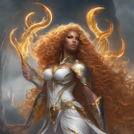 Prompt: A beautiful 59 ft tall 28 year old evil ((Latina)) light elemental queen giantess with light brown skin and a beautiful face. She has a strong body. She has curly yellow hair and yellow eyebrows. She wears a beautiful white dress with gold. She has brightly glowing yellow eyes and white pupils. She wears a beautiful gold tiara. She has a yellow aura around her. Her eyes glow brightly. She is standing in a beautiful open field. Beautiful scene art. Scenic view. Full body art. {{{{high quality art}}}} ((goddess)). Illustration. Concept art. Symmetrical face. Digital. Perfectly drawn. A cool background. Front view 