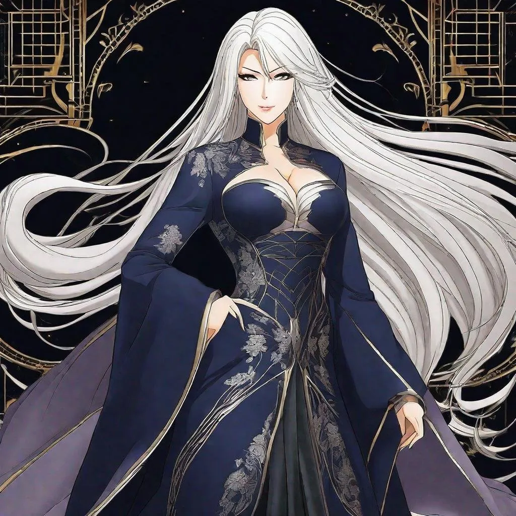 Prompt: A beautiful 58 ft tall 30 year old ((British)) anime Queen with light skin and a beautiful, elegant, strong symmetrical face. She has a strong curvy body. She has long straight elegant white hair with two long strands of hair going down to her chest and white eyebrows. She wears a beautiful long flowing dark blue goddess dress. She has bright blue eyes a with blue pupils. She wears dark blue eyeshadow. She wears a beautiful blue tiara. Full body art. Scenic view. {{{{high quality art}}}}. Illustration. Concept art. Perfectly drawn. Five fingers. Full view of body and dress