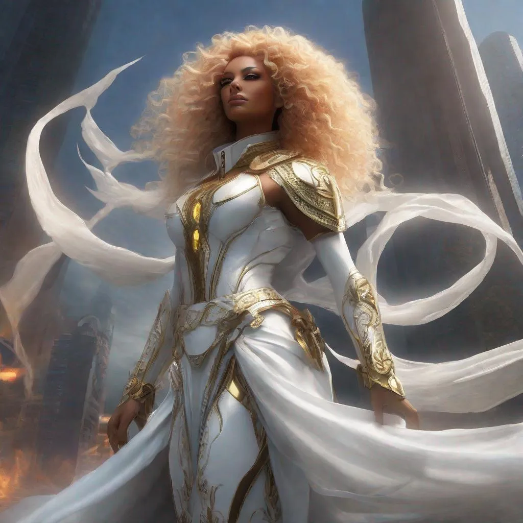 Prompt: A beautiful 59 ft tall 28 year old evil ((Latina)) light elemental queen giantess with light brown skin and a beautiful face. She has a strong body. She has curly yellow hair that parts at the top of her head and yellow eyebrows. She wears a beautiful white dress with gold. She wears white boots with gold aswell. She has brightly glowing yellow eyes and white pupils. She wears a beautiful gold tiara. She has a yellow aura around her. Her eyes glow brightly. She is standing in a beautiful open field. She is wielding yellow light in her hands. Her hands glow yellow Beautiful painting scene. Beautiful scene art. Scenic view. Full body art. {{{{high quality art}}}} ((goddess)). Illustration. Concept art. Symmetrical face. Digital. Perfectly drawn. A cool background. Front view. Anime