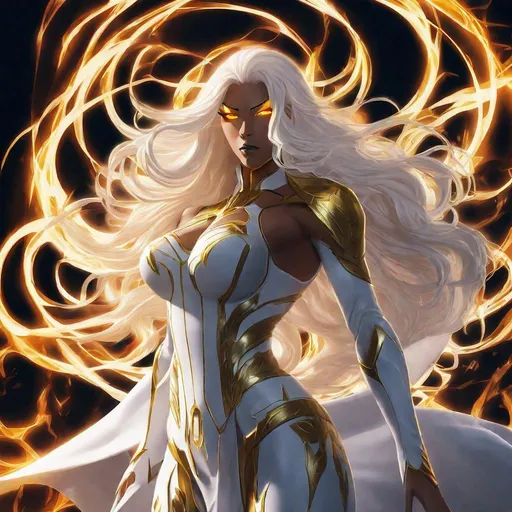 Prompt: A beautiful 59 ft tall 28 year old evil ((Latina)) anime light elemental queen with light brown skin and a beautiful strong face. She has a strong body. She has long curly golden yellow hair and golden yellow eyebrows. She wears a beautiful slim white dress made of light with gold markings on it. She has brightly glowing yellow eyes and white pupils. She wears a golden tiara. She has a yellow aura behind her. She is standing in a open field of gold looking at you with her glowing yellow eyes. She is wielding bright yellow light magic from her hands. She has yellow light glowing around her. Full body art. Scenic view. {{{{high quality art}}}} ((goddess)). Illustration. Concept art. Symmetrical face. Digital. Perfectly drawn. A beautiful background.