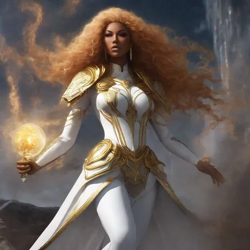 Prompt: A beautiful 59 ft tall 28 year old evil ((Latina)) light elemental queen giantess with light brown skin and a beautiful face. She has a strong body. She has curly yellow hair that parts at the top of her head and yellow eyebrows. She wears a beautiful white dress with gold. She wears white boots with gold aswell. She has brightly glowing yellow eyes and white pupils. She wears a beautiful gold tiara. She has a yellow aura around her. Her eyes glow brightly. She is standing in a beautiful open field. She is wielding yellow light in her hands. Her hands glow yellow Beautiful painting scene. Beautiful scene art. Scenic view. Full body art. {{{{high quality art}}}} ((goddess)). Illustration. Concept art. Symmetrical face. Digital. Perfectly drawn. A cool background. Front view. Anime