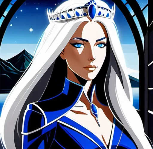 Prompt: A beautiful 58 ft tall 30 year old ((British)) Water elemental Queen giantess with light skin and a beautiful soft elegant symmetrical face. She has long straight elegant white hair with two long strands of hair going down both the left and right side in front of her face reaching her chest and she has white eyebrows. She wears a beautiful long dark blue dress with royal robs. She has brightly glowing blue eyes and water droplet shaped pupils. She wears a beautiful blue tiara. She has a blue aura behind her. She is standing looking at you showing off her true beauty. Side view Beautiful scene art. Painting art. Scenic view. Portrait art. {{{{high quality art}}}} ((goddess)). Illustration. Concept art. Symmetrical face. Digital. Perfectly drawn. A cool background. Five fingers. Full body view. No portrait. No black background. Front view. Full view of dress. anime art style