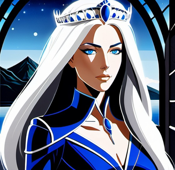 Prompt: A beautiful 58 ft tall 30 year old ((British)) Water elemental Queen giantess with light skin and a beautiful soft elegant symmetrical face. She has long straight elegant white hair with two long strands of hair going down both the left and right side in front of her face reaching her chest and she has white eyebrows. She wears a beautiful long dark blue dress with royal robs. She has brightly glowing blue eyes and water droplet shaped pupils. She wears a beautiful blue tiara. She has a blue aura behind her. She is standing looking at you showing off her true beauty. Side view Beautiful scene art. Painting art. Scenic view. Portrait art. {{{{high quality art}}}} ((goddess)). Illustration. Concept art. Symmetrical face. Digital. Perfectly drawn. A cool background. Five fingers. Full body view. No portrait. No black background. Front view. Full view of dress. anime art style