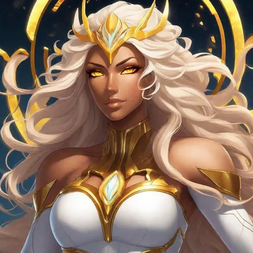 Prompt: A beautiful 59 ft tall 28 year old ((Latina)) anime light elemental queen with light brown skin and a beautiful strong face. She has a strong body. She has long curly golden yellow hair and golden yellow eyebrows. She wears a beautiful soft white goddess dress. She has brightly glowing yellow eyes and white pupils. She wears a golden tiara. Full body art. Scenic view. {{{{high quality art}}}} ((light goddess)). Illustration. Concept art. Symmetrical face. Digital. Perfectly drawn. A beautiful background. Full view of body and dress. Five fingers, tv animated cartoon style