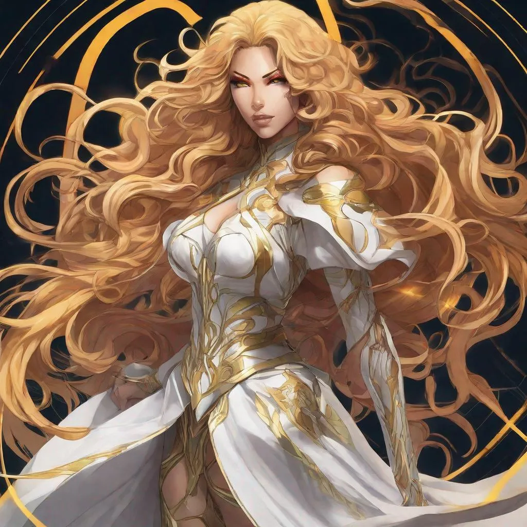 Prompt: A beautiful 59 ft tall 28 year old evil ((Latina)) anime light elemental queen with light brown skin and a beautiful strong face. She has a strong body. She has long curly golden yellow hair and golden yellow eyebrows. She wears a beautiful slim white dress made of light with gold markings on it. She has brightly glowing yellow eyes and white pupils. She wears a golden tiara. She has a yellow aura behind her. She is standing in a open field of gold looking at you with her glowing yellow eyes. She is wielding bright yellow light magic from her hands. She has yellow light glowing around her. Full body art. Scenic view. {{{{high quality art}}}} ((goddess)). Illustration. Concept art. Symmetrical face. Digital. Perfectly drawn. A beautiful background.